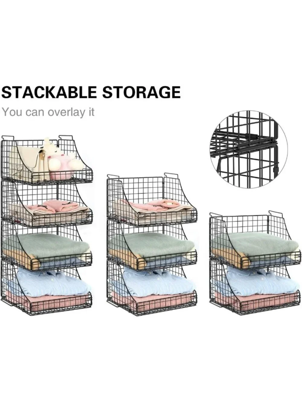 4-Pack Stackable Wire Baskets for Closet Organization, Rustic Metal Storage Bins